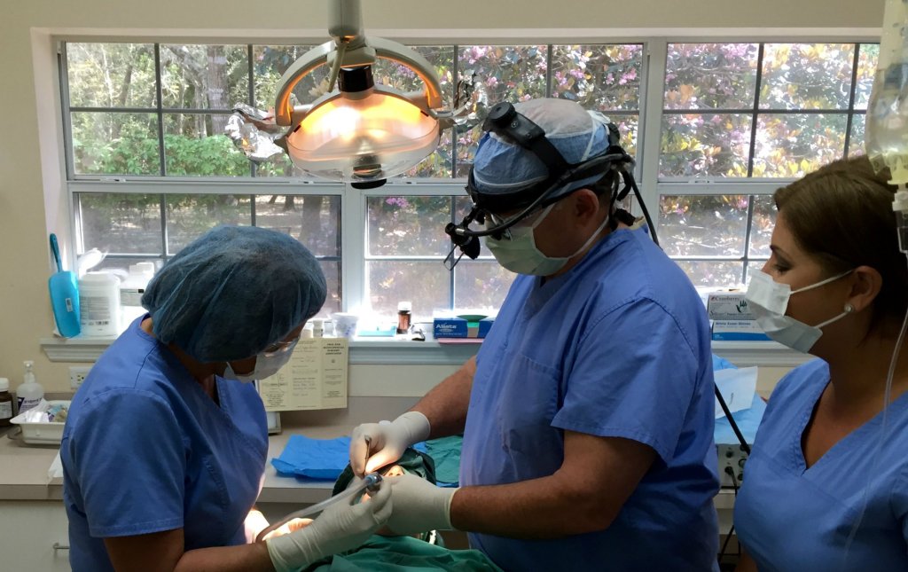 Dr. Elwell and Staff working on a patient in an examination room